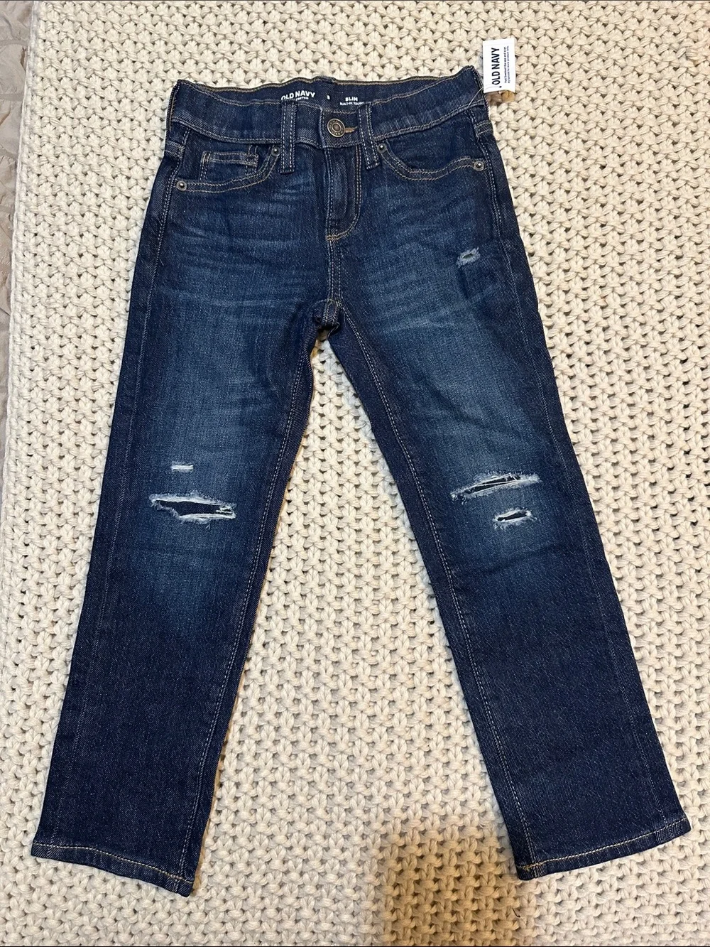NWT Old Navy Boys Dark Blue Slim Fit Jeans w/ Distressed Knees, Slim Fit, Size 5